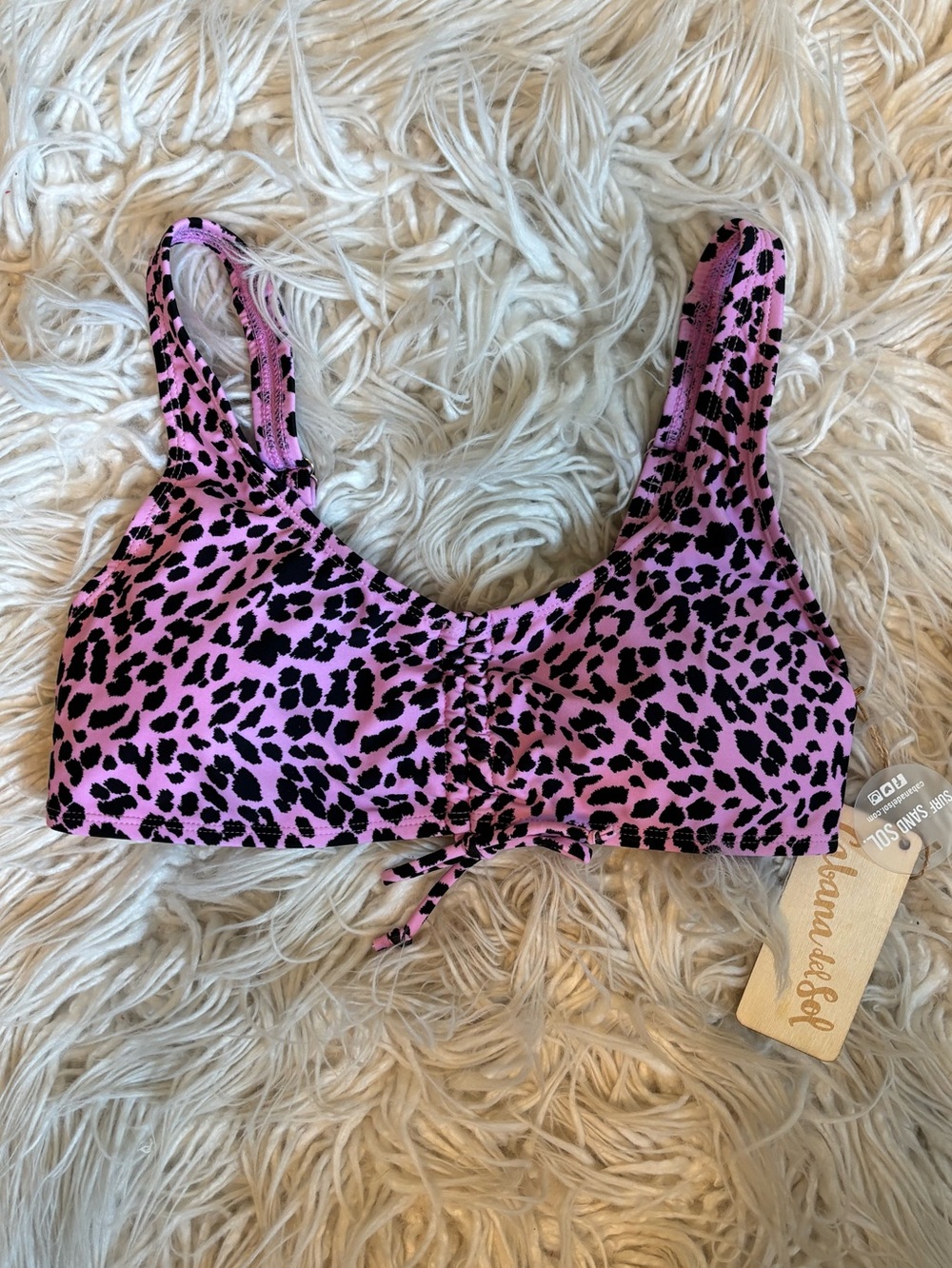NWT Cabana del Sol Pink Leopard Print Bikini Top w/front tie detail Size M